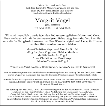 Traueranzeige von Margrit Vogel von trauer.wuppertaler-rundschau.de