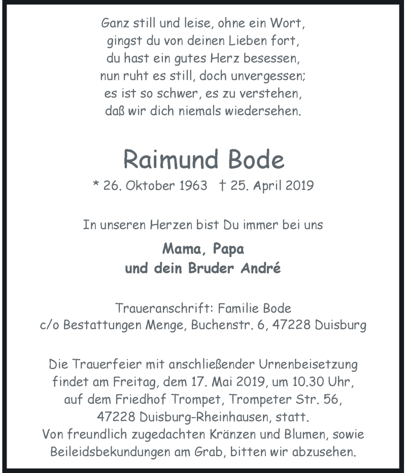  Traueranzeige für Raimund Bode vom 12.05.2019 aus trauer.stadt-panorame.de