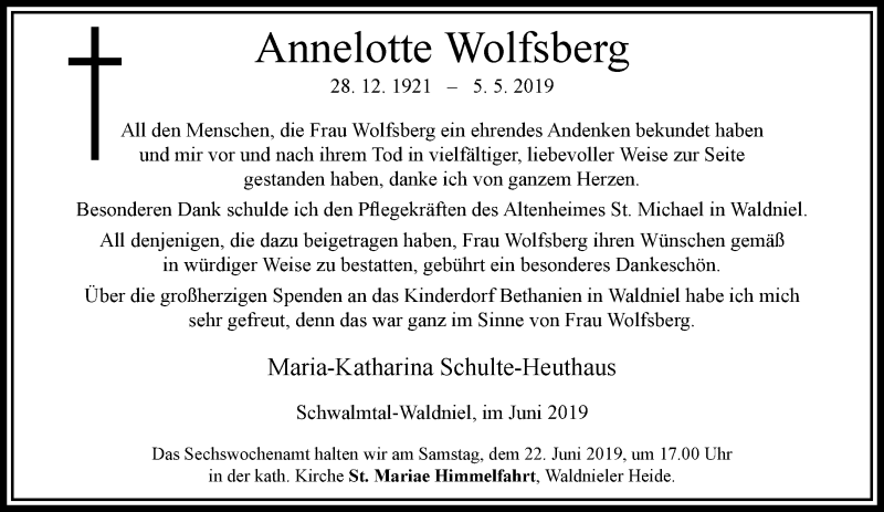  Traueranzeige für Annelotte Wolfsberg vom 16.06.2019 aus trauer.extra-tipp-moenchengladbach.de