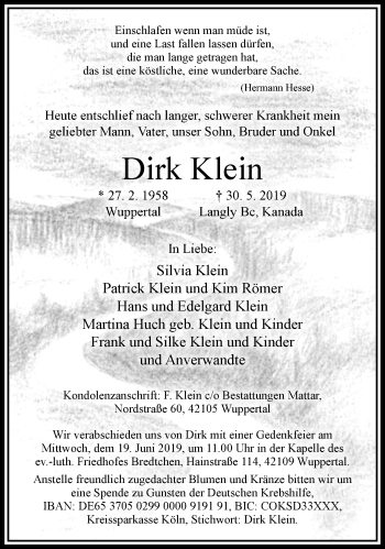 Traueranzeige von Dirk Klein von trauer.wuppertaler-rundschau.de