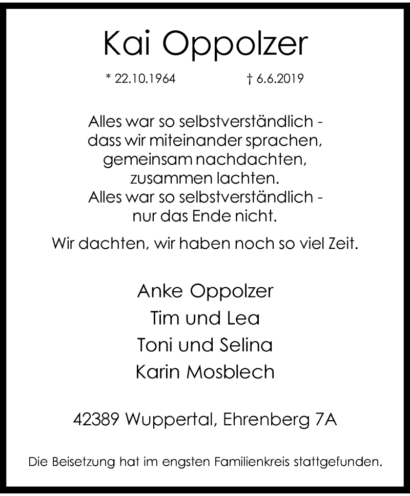  Traueranzeige für Kai Oppolzer vom 15.06.2019 aus trauer.wuppertaler-rundschau.de
