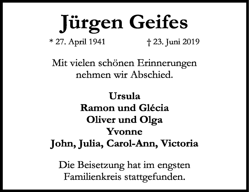  Traueranzeige für Jürgen Geifes vom 13.07.2019 aus trauer.wuppertaler-rundschau.de