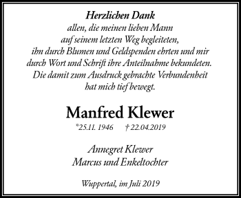 Traueranzeige von Manfred Klewer von trauer.wuppertaler-rundschau.de