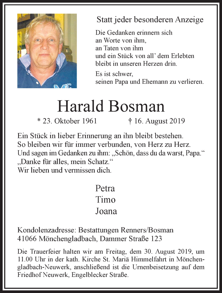  Traueranzeige für Harald Bosmann vom 25.08.2019 aus trauer.extra-tipp-moenchengladbach.de