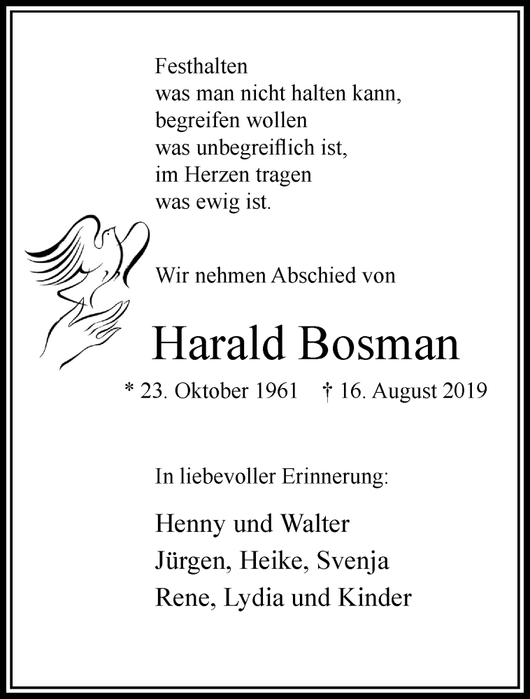  Traueranzeige für Harald Bosmann vom 25.08.2019 aus trauer.extra-tipp-moenchengladbach.de