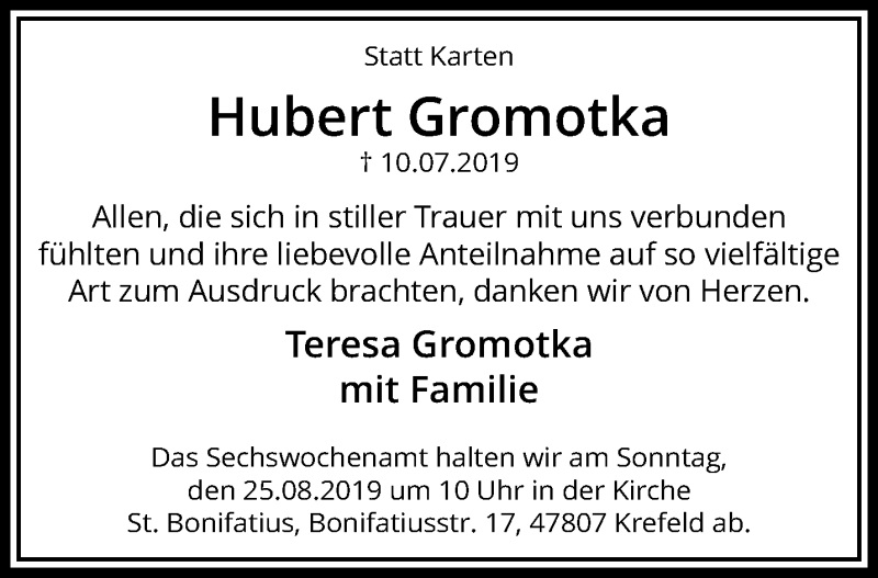  Traueranzeige für Hubert Gromotka vom 11.08.2019 aus trauer.mein.krefeld.de