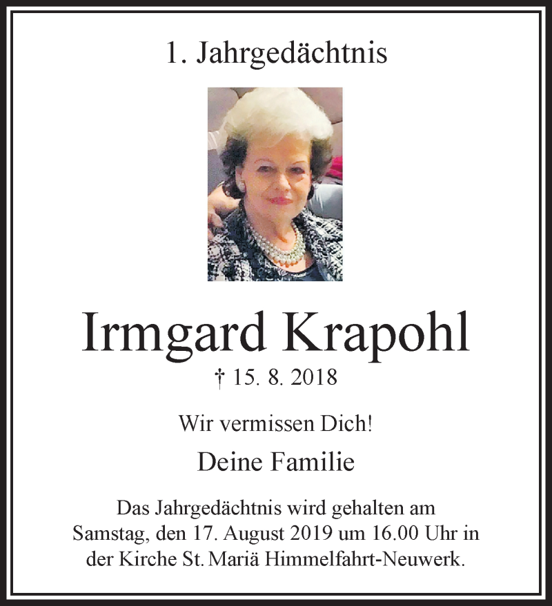  Traueranzeige für Irmgard Krapohl vom 11.08.2019 aus trauer.extra-tipp-moenchengladbach.de
