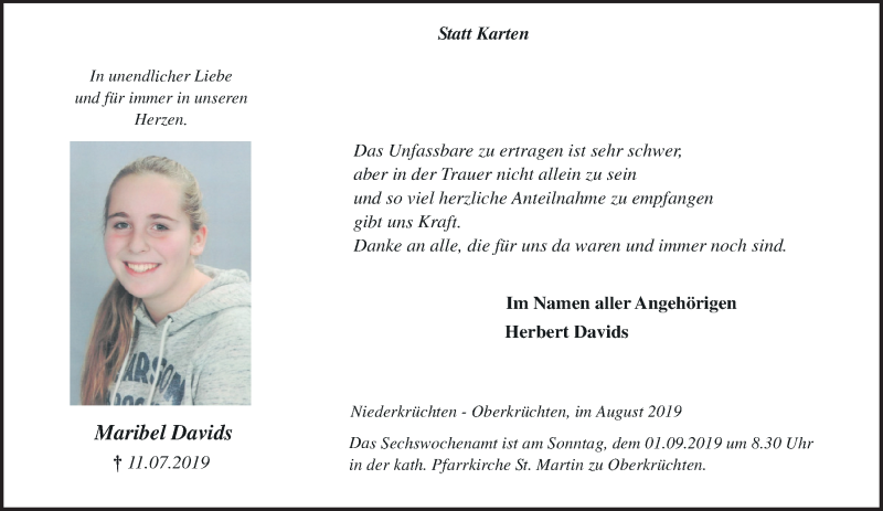  Traueranzeige für Maribel Davids vom 25.08.2019 aus trauer.extra-tipp-moenchengladbach.de