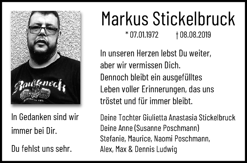  Traueranzeige für Markus Stickelbruck vom 25.08.2019 aus trauer.mein.krefeld.de
