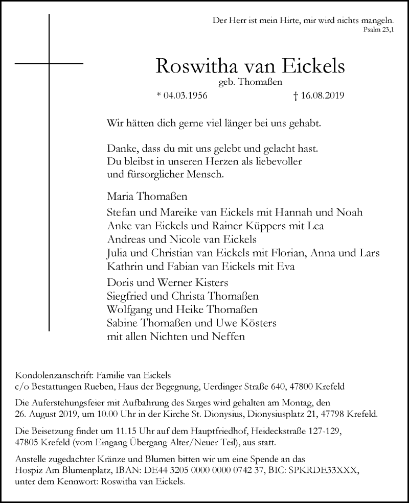  Traueranzeige für Roswitha van Eickels vom 21.08.2019 aus trauer.mein.krefeld.de