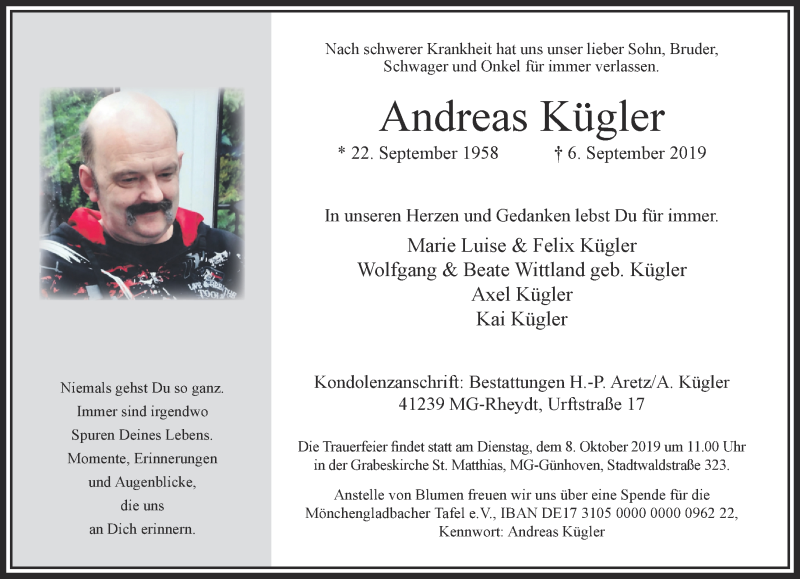  Traueranzeige für Andreas Kügler vom 29.09.2019 aus trauer.extra-tipp-moenchengladbach.de