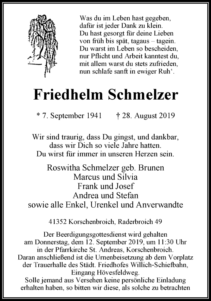  Traueranzeige für Friedhelm Schmelzer vom 08.09.2019 aus trauer.extra-tipp-moenchengladbach.de