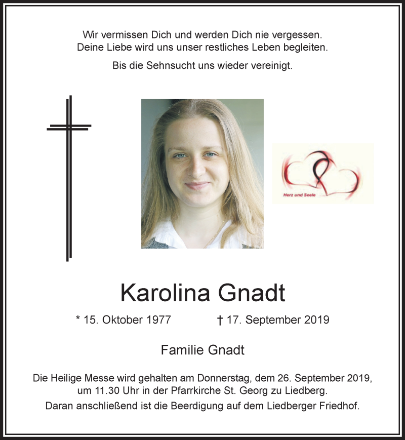  Traueranzeige für Karolina Gnadt vom 25.09.2019 aus trauer.extra-tipp-moenchengladbach.de