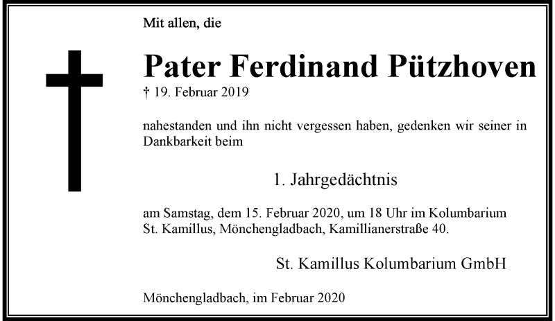  Traueranzeige für Ferdinand Pützhoven vom 09.02.2020 aus trauer.extra-tipp-moenchengladbach.de