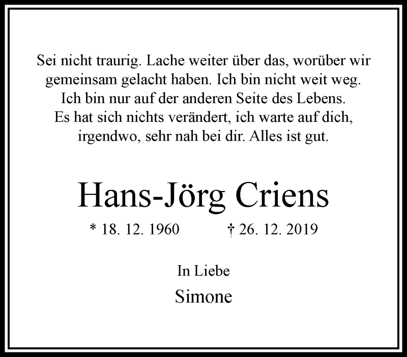  Traueranzeige für Hans-Jörg Criens vom 12.01.2020 aus trauer.extra-tipp-moenchengladbach.de