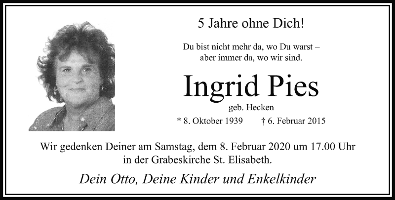  Traueranzeige für Ingrid Pies vom 02.02.2020 aus trauer.extra-tipp-moenchengladbach.de