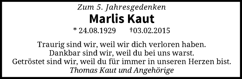  Traueranzeige für Marlis Kaut vom 08.02.2020 aus trauer.wuppertaler-rundschau.de
