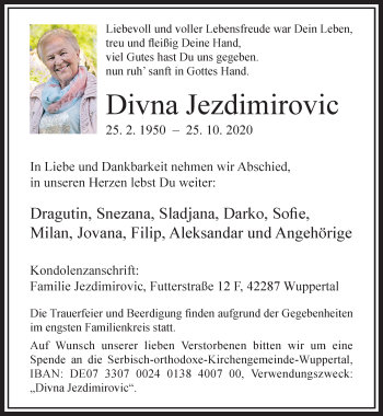 Traueranzeige von Divna Jezdimirovic von trauer.wuppertaler-rundschau.de