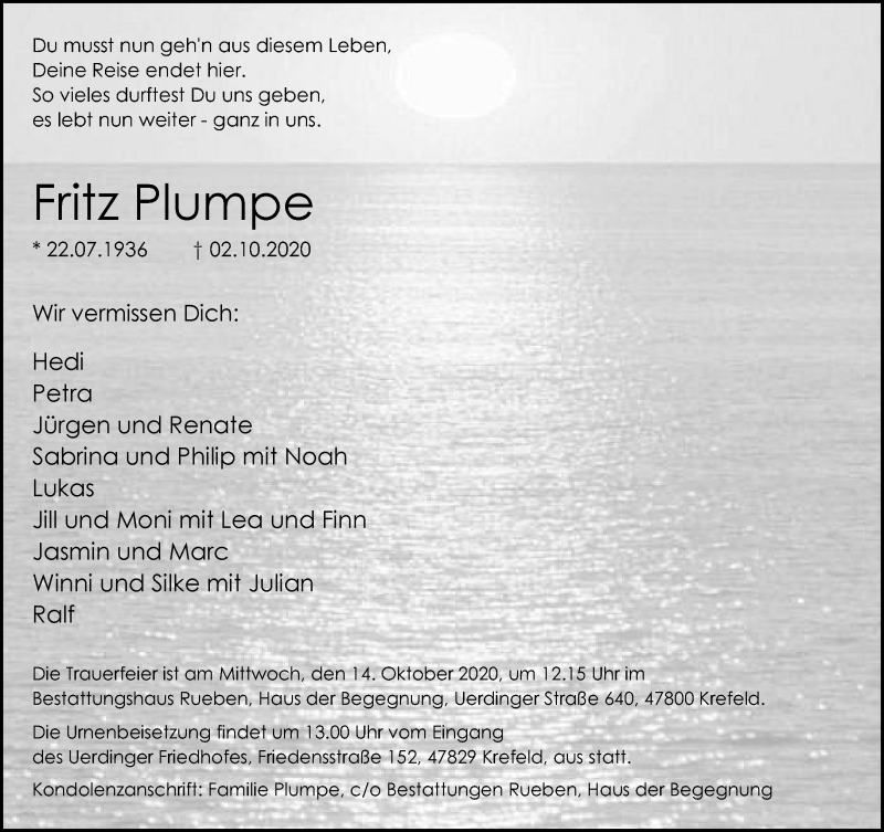  Traueranzeige für Fritz Plumpe vom 11.10.2020 aus trauer.mein.krefeld.de