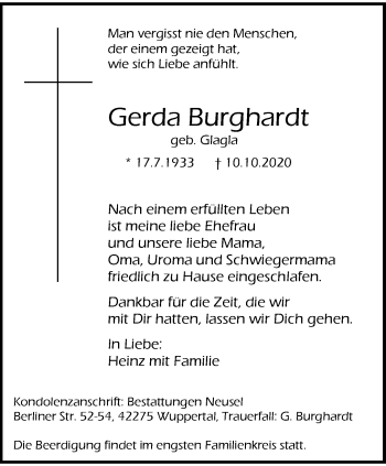 Traueranzeige von Gerda Burghardt von trauer.wuppertaler-rundschau.de