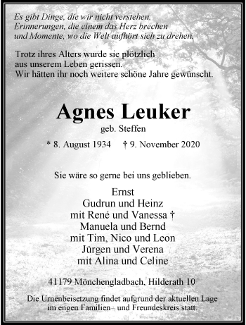 Traueranzeige von Agnes Leuker von trauer.extra-tipp-moenchengladbach.de