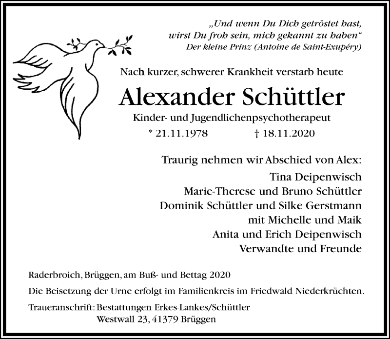  Traueranzeige für Alexander Schüttler vom 22.11.2020 aus trauer.extra-tipp-moenchengladbach.de