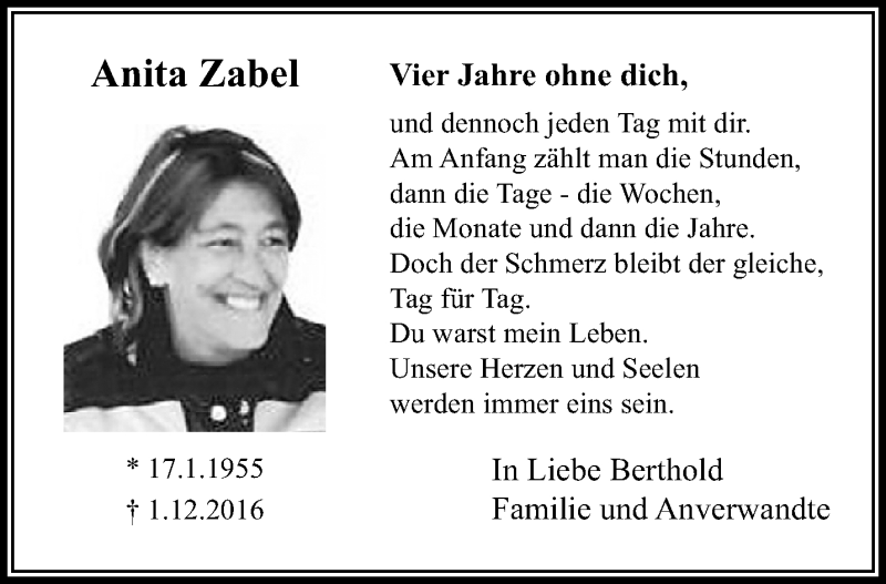  Traueranzeige für Anita Zabel vom 06.12.2020 aus trauer.extra-tipp-moenchengladbach.de
