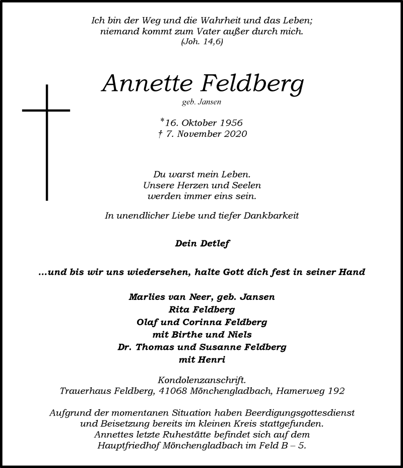  Traueranzeige für Annette Feldberg vom 15.11.2020 aus trauer.extra-tipp-moenchengladbach.de