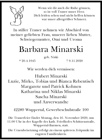 Traueranzeige von Barbara Minarski von trauer.wuppertaler-rundschau.de