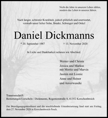 Traueranzeige von Daniel Dickmanns von trauer.extra-tipp-moenchengladbach.de