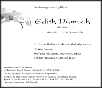Traueranzeige von Edith Dumsch von trauer.extra-tipp-moenchengladbach.de