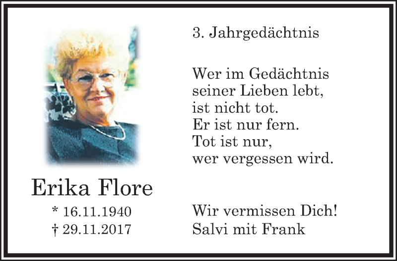  Traueranzeige für Erika Flore vom 29.11.2020 aus trauer.extra-tipp-moenchengladbach.de