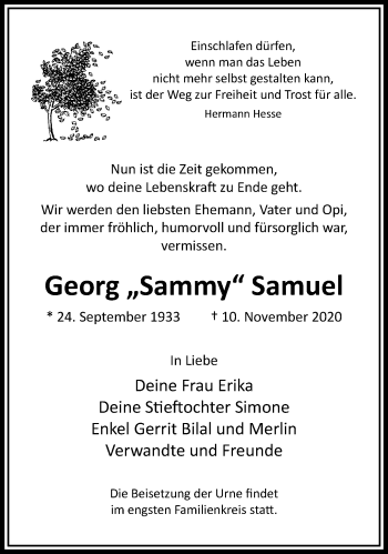 Traueranzeige von Georg Samuel von trauer.wuppertaler-rundschau.de