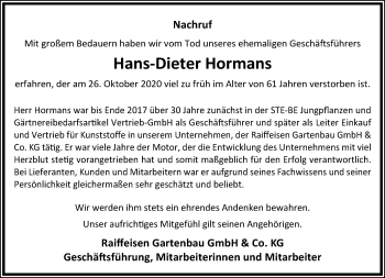 Traueranzeige von Hans-Dieter Hormans von trauer.extra-tipp-moenchengladbach.de