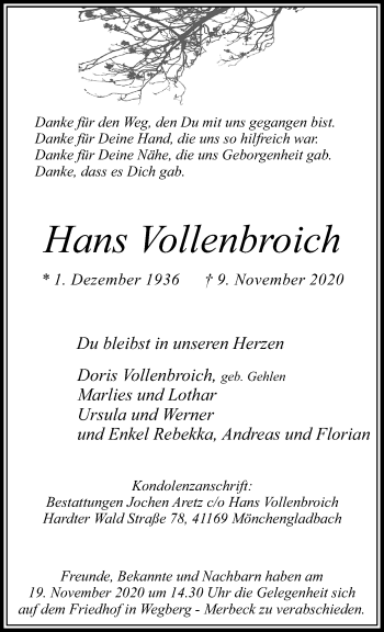 Traueranzeige von Hans Vollenbroich von trauer.extra-tipp-moenchengladbach.de