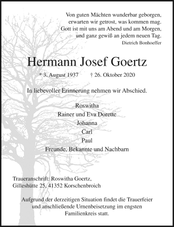Traueranzeige von Hermann Josef Goertz von trauer.extra-tipp-moenchengladbach.de