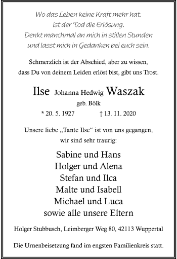 Traueranzeige von Ilse Johanna Hedwig Waszak von trauer.wuppertaler-rundschau.de