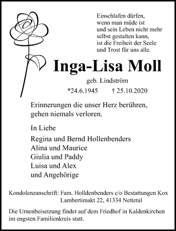 Traueranzeige von Inga-Lisa Moll von trauer.extra-tipp-moenchengladbach.de