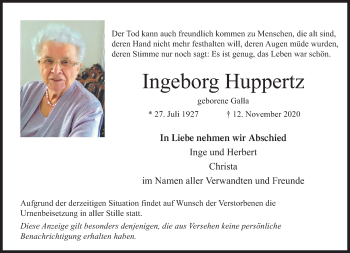 Traueranzeige von Ingeborg Huppertz von trauer.extra-tipp-moenchengladbach.de