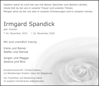 Traueranzeige von Irmgard Spandick von trauer.mein.krefeld.de