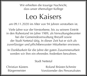 Traueranzeige von Leo Kaisers von trauer.extra-tipp-moenchengladbach.de