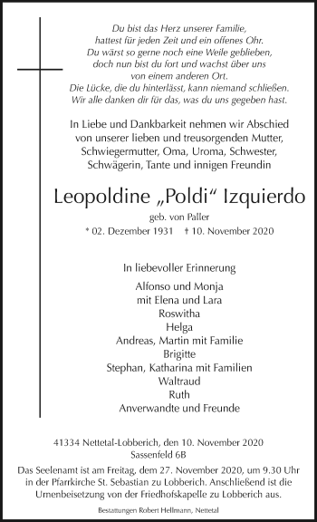 Traueranzeige von Leopoldine Izquierdo von trauer.extra-tipp-moenchengladbach.de