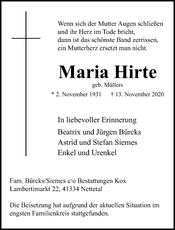 Traueranzeige von Maria Hirte von trauer.extra-tipp-moenchengladbach.de