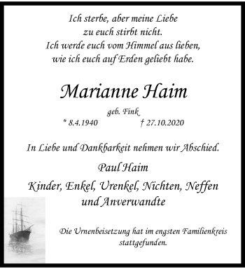 Traueranzeige von Marianne Haim von trauer.wuppertaler-rundschau.de