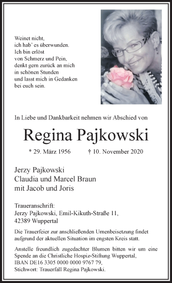Traueranzeige von Regina Pajkowski von trauer.wuppertaler-rundschau.de