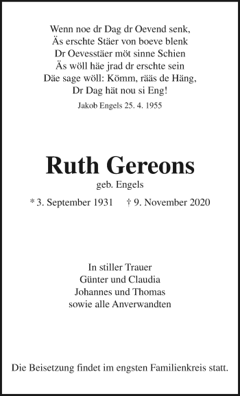 Traueranzeige von Ruth Gereons von trauer.extra-tipp-moenchengladbach.de