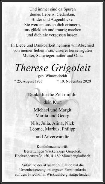 Traueranzeige von Therese Grigoleit von trauer.extra-tipp-moenchengladbach.de