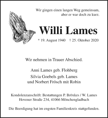 Traueranzeige von Willi Lames von trauer.extra-tipp-moenchengladbach.de