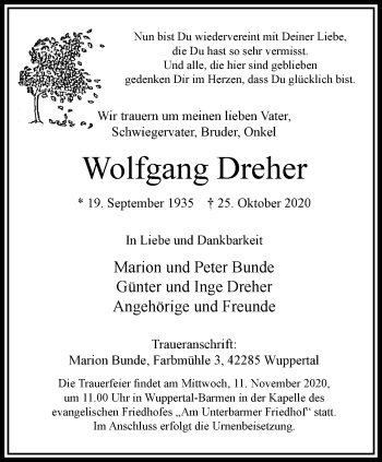 Traueranzeige von Wolfgang Dreher von trauer.wuppertaler-rundschau.de