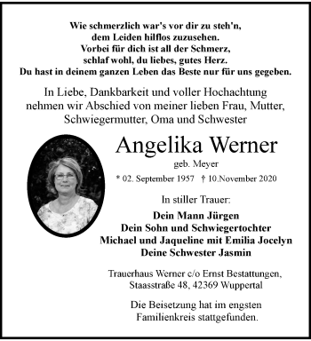 Traueranzeige von Angelika Werner von trauer.wuppertaler-rundschau.de